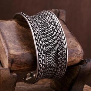 Vintage Oxidized Sterling Silver Tribal Wheat Chain and Woven Cuff Bracelet